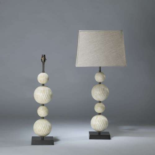 Pair Of Medium Cream Bone 4 Ball Stacked Lamps On Square Brass Bases