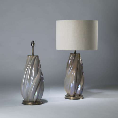 Pair Of Large Purple 'opal' Glazed Twisted Flame Lamps On Round Brass Bases