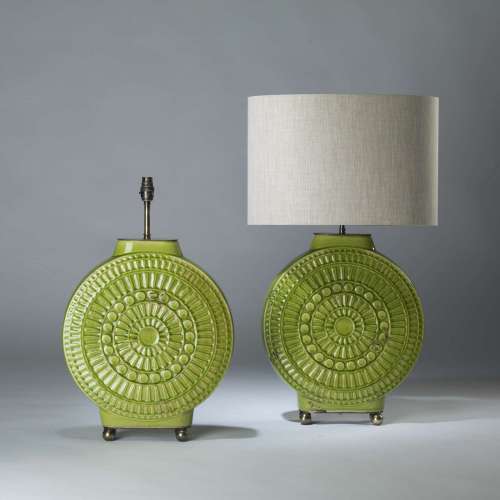 Pair Of Large Acid Green Ceramic 'target' Lamps On Brass Ball Bases