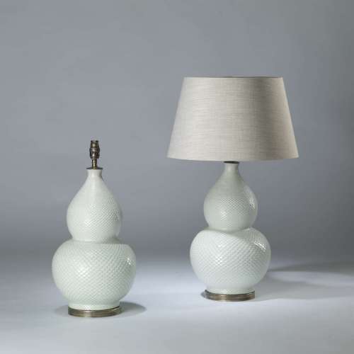 Pair Of Medium White Blue Double Gourd Ceramic 'snakeskin' Lamps On Round Brass Bases