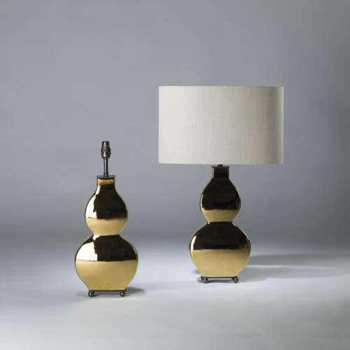 Pair Of Small Gold Ceramic 'guitar' Lamps On Rectangle Brass Ball Bases