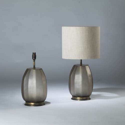 Pair Of Small Brown Grey Cut Glass 'pumpkin' Lamps On Round Brass Bases