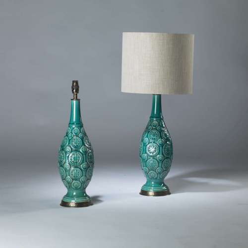Pair Of Small Blue Turquoise Ceramic Carved Flower Lamps On Round Brass Bases