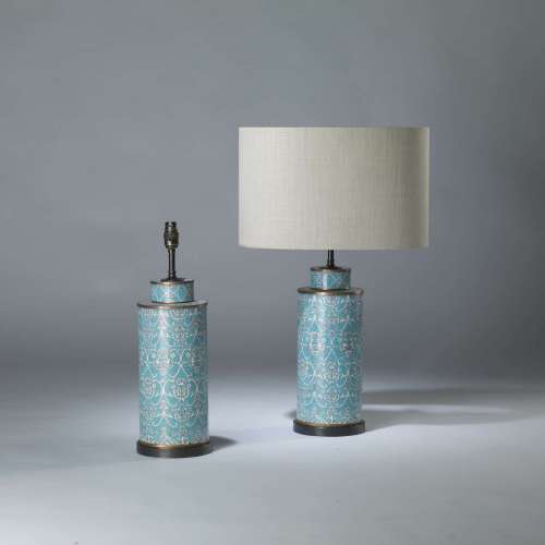 Pair Of Medium Blue And White Cloisonné Lamps On Round Brass Bases