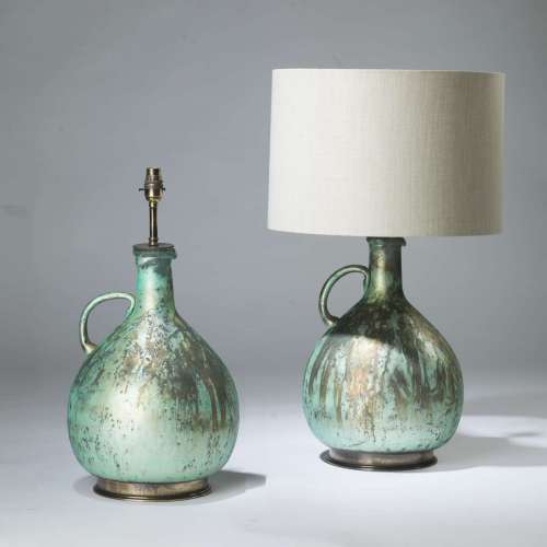 Pair Of Large Glass Blue Green Metallic Jug Lamps On Round Brass Bases