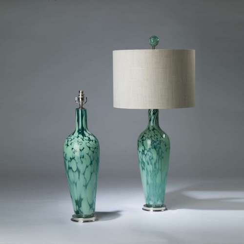 Pair Of Large Blue Green Speckled Glass Lamps On Nickel Bases With Matching Finials