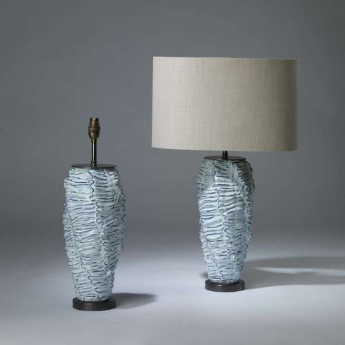 Pair Of Medium Ice Blue Ceramic 'wave' Lamps On Bronze Round Bases