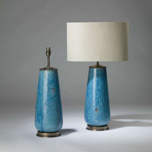 Pair Of Medium Blue Crackled Ceramic 'daisy' Lamps On Round Brass Bases