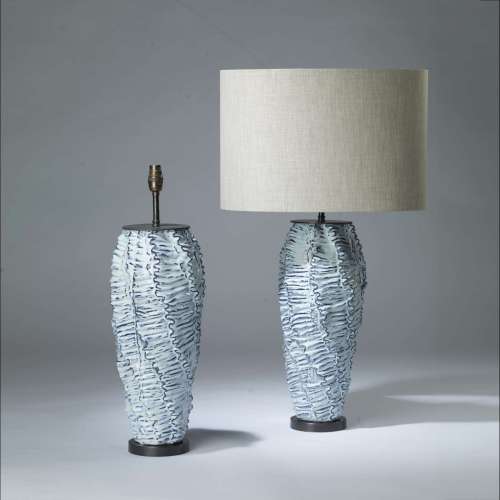Pair Of Large Ice Blue Ceramic 'wave' Lamps On Bronze Round Bases