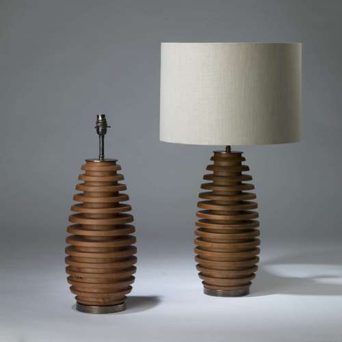 Pair Of Medium Brown Wooden Sliced Lamps On Round Brass Bases