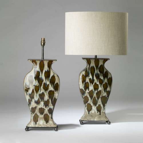 Pair Of Large Ceramic  Brown And Beige Spotted Drizzle Lamps On Brass Ball Bases