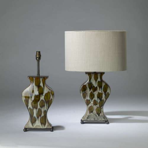Pair Of Small Ceramic Brown And Beige Speckled Drizzle Lamps On Brass Ball Bases
