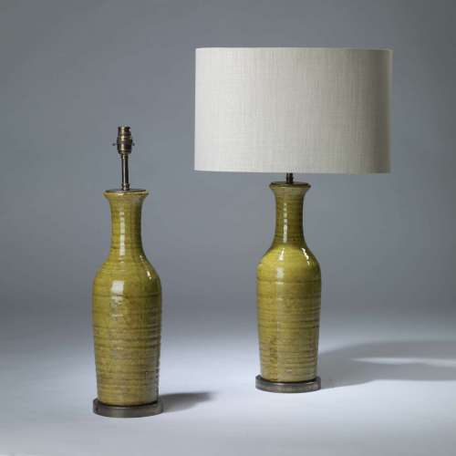 Pair Of Medium Dark Yellow Ceramic 'jane' Lamps On Round Brass Bases
