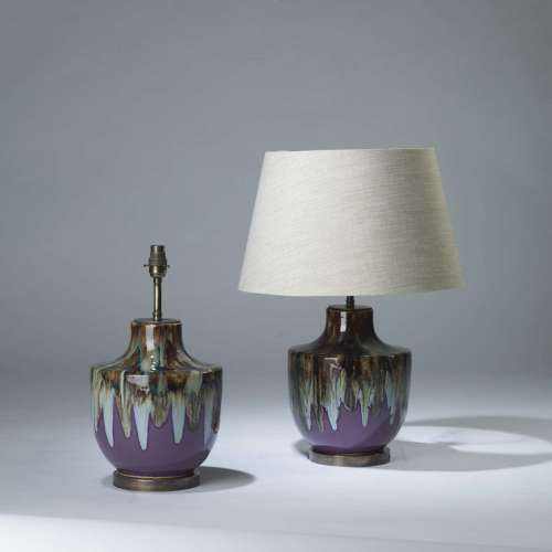 Pair Of Small Purple 'rain' Ceramic Lamps On Round Brass Bases