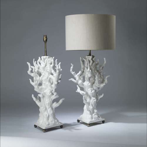 Pair Of Large White Ceramic Coral Lamps On Triangular Bases