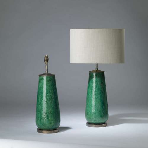 Pair Of Medium Green Crackled Ceramic 'daisy' Lamps On Round Brass Bases