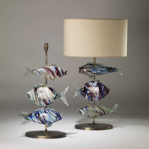 Pair Of Large Murano Glass Multicolour Fish Lamps On Oval Brass Bases