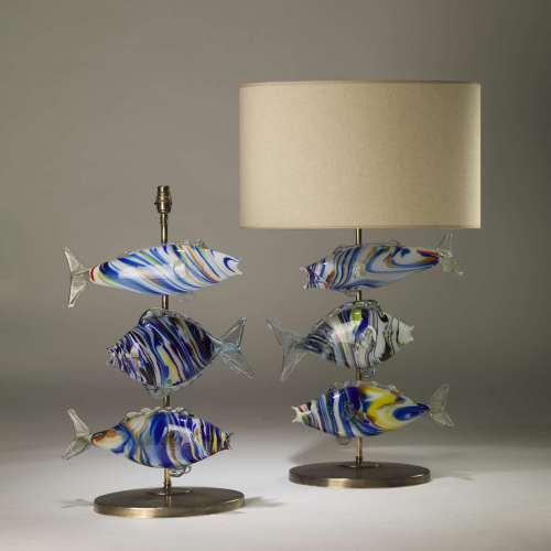 Pair Of Large Murano Glass Blue Fish Lamps On Oval Brass Bases