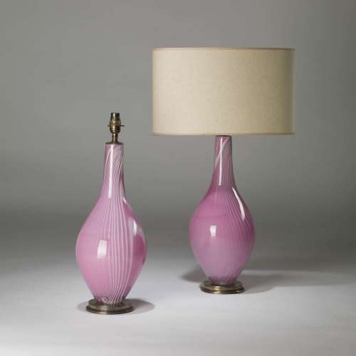 Pair Of Medium Pink & White 'bubblegum' Glass Teardrop Lamps On Round Brass Bases