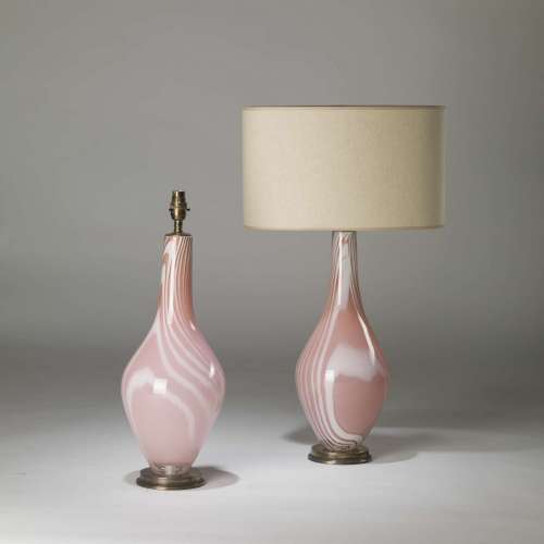 Pair Of Medium Pink & White 'candy' Glass Teardrop Lamps On Round Brass Bases