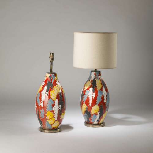 Pair Of Medium Red, Yellow, Blue And White 'Bianca' Lamps On Round Brass Bases