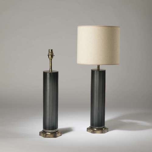 Pair Of Medium Blue Grey Cut Glass 'Laura' Lamps On Hexagonal Brass Bases