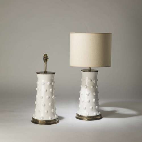 Pair Of Medium White Ceramic 'Dotty' Lamps On Round Brass Bases