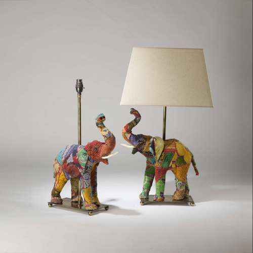 Pair Of Medium Multicoloured Patchwork Elephant Lamps On Brass Ball Feet