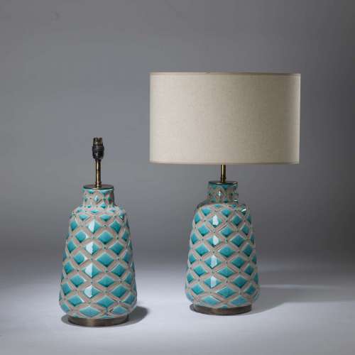 Pair Of Medium Grey Blue Textured Lamps On Round Brass Bases