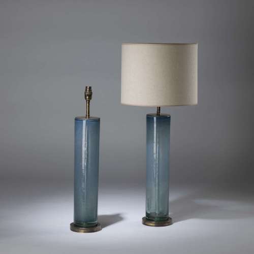 Pair Of Medium Blue Bubble Glass Cylinder Lamps On Round Brass Bases