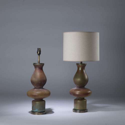 Pair Of Small Purple Metallic Ceramic 'blob' Lamps On Round Brass Bases