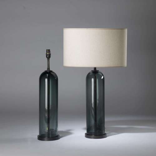 Pair Of Blue Green Grey 'dome' Lamps On Round Dark Bronze Brass Bases