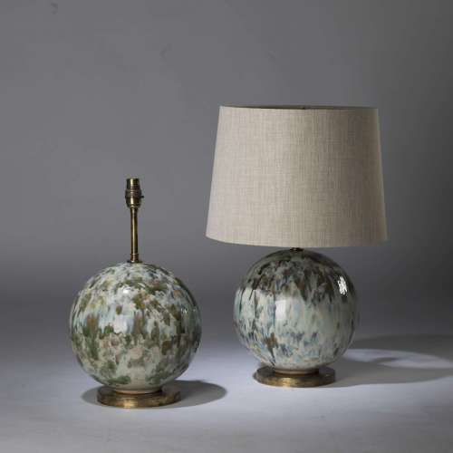 Pair Of Small Green, Brown & Cream Drizzle Ceramic 'snowball' Lamps On Antique Brass Bases