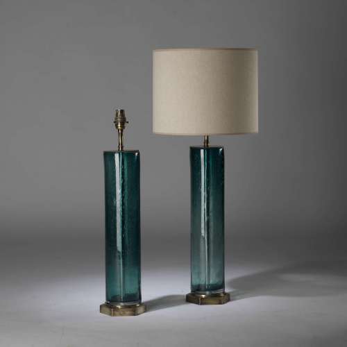 Pair Of Tall Green Blue Glass Cylinder Bubble Lamps On Hexagonal Brass Bases