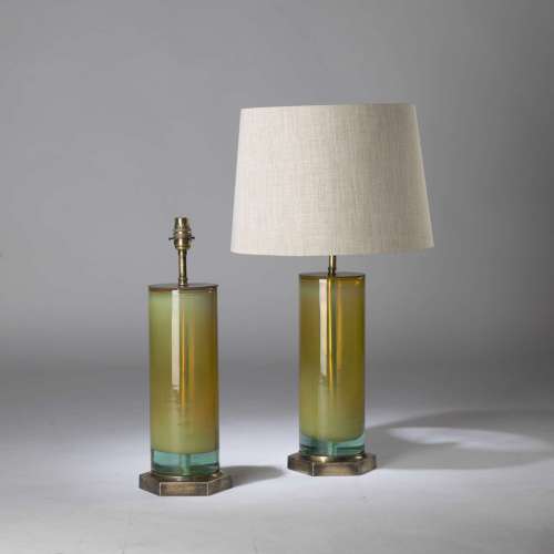 Pair Of Small Yellow Cream Glass Cylinder Lamps On Hexagonal Brass Bases