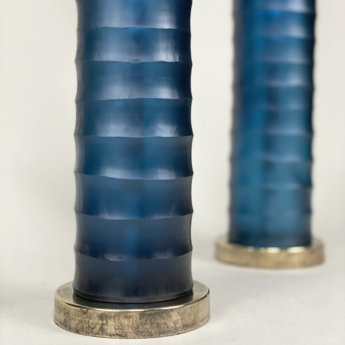 Pair Of Small Blue Cut Glass 'Rolo' Lamps On Round Brass Bases