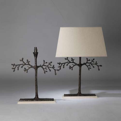 Pair Of Large Brown Bronze Painted Finish 'olive Tree' Lamps On Rectangular Crema Marfil Bases
