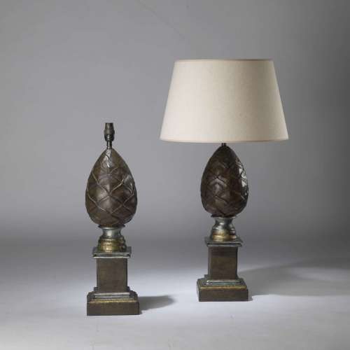 Pair Of Medium Brown Painted Wooden 'artichoke' Lamps With Silver And Gold Highlights