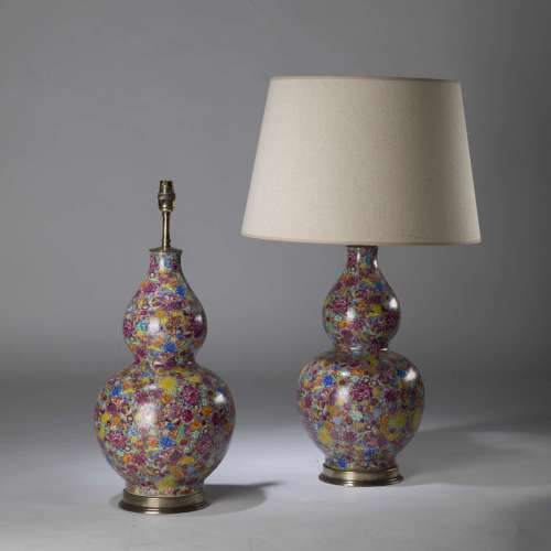 Pair Of Medium Pink Yellow Green Floral 'in Bloom' Double Gourd Ceramic Lamps On Round Brass Bases