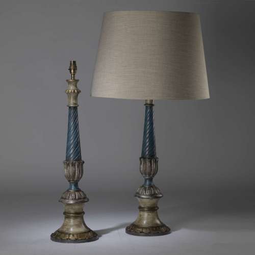 Pair Of Tall Blue Cream & Gold Traditional Twisted Wooden Lamps