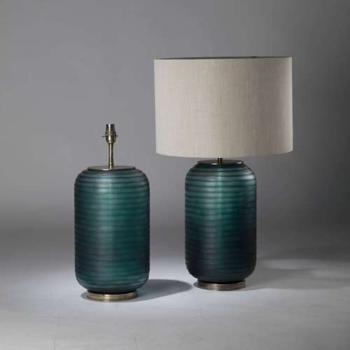 Pair Of Medium Teal Horizontally Cut Glass Lamps On Round Distressed Brass Bases