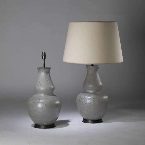 Pair Of Medium Grey Double Gourd Glass Lamps On Textured Brown Bronze Bases