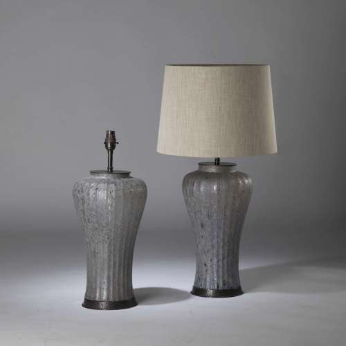 Pair Of Medium Grey Pleated Textured 'volcano' Glass Lamps On Textured Brown Bronze Bases