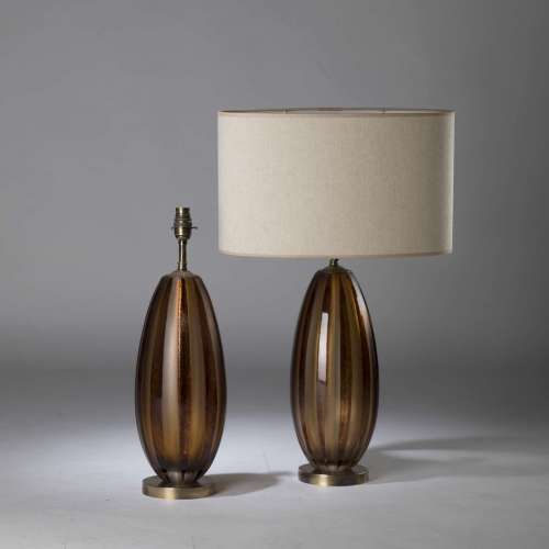 Pair Of Small Olive Brown Cut Glass Lamps With Matt Textured Vertical Stripes On Round Brass Bases