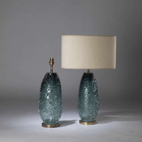 Pair Of Small Teal Green Blue 'molten' Almond Glass Lamps On Round Brass Bases