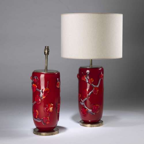Pair Of Large Red Glass 'blossom' Lamps With Round Antique Brass Bases