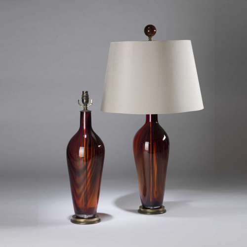 Pair Of Large Burnt Orange 'standard' Glass Lamps With Matching Finials On Round Antique Brass Bases