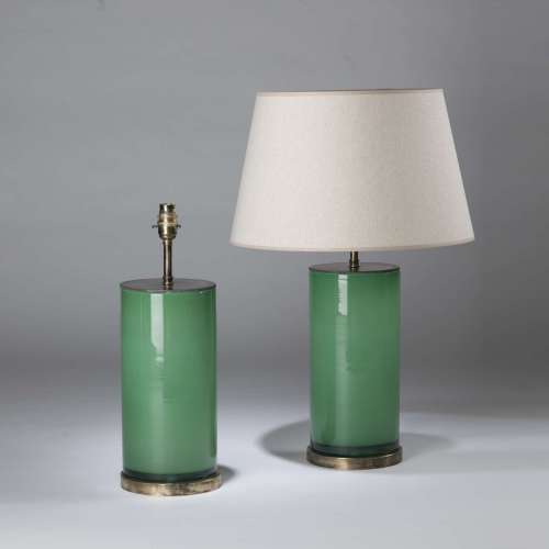 Pair Of Medium  Jade Green Glass Cylinder Lamps On Round Antiqued Brass Bases