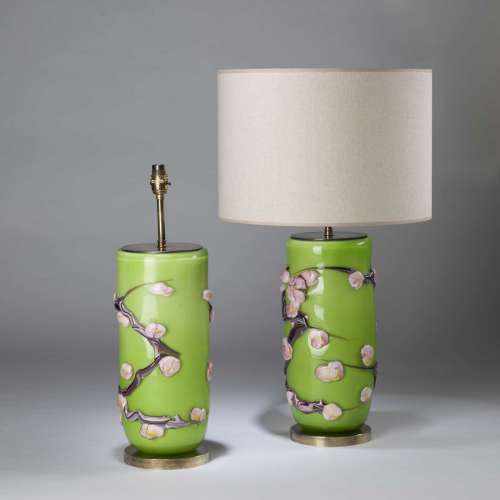 Pair Of Large Green Glass 'blossom' Lamps With Round Antique Brass Bases