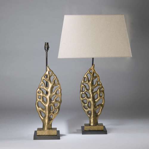 Pair Of Medium Golden Ceramic Leaf Lamps On Square Bronze Bases